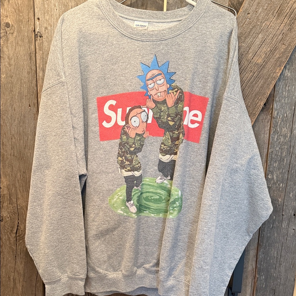 Supreme Gray Rick and Morty Crewneck Sweatshirt with Red Logo